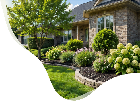 Beautifully landscaped stone home with flowering hydrangeas and a green lawn