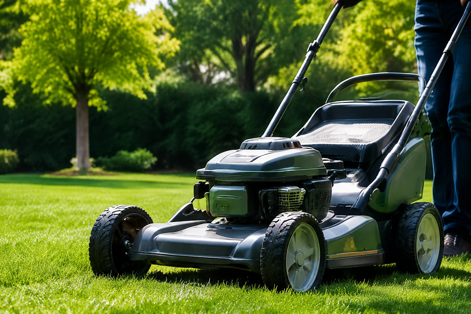 Lawn mower cutting a green lawn